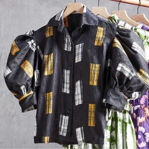 Busayo Tunji Statement Puff Sleeve Button Front Abstract Top
